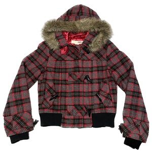 y2k Harajuku H2J Faux Fur Hood Plaid Zip Jacket Coat